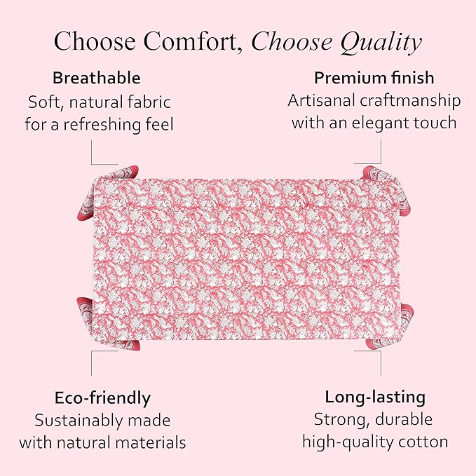 CPC Tablecloth 100% Cotton 70x108 Inch Indian Block Print Rectangle Table Cover, Pink Table Cloth for Weddings, Thanksgiving and Christmas - Pink Coral