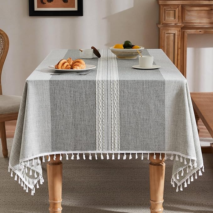 ZeeMart Contrast Linen Table Cloth Square Table Cloths 52x52 Inch Mid-Stripe Grey, Farmhouse Style Heavy Weight Grey Tablecloth, Water Resistant Burlap Tablecloths