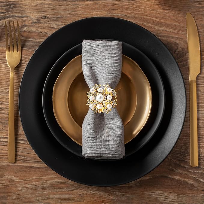 Decozen Set of 8 Gold Napkin Rings with Pearl Design, Festive, Table Decor Setting for Holiday, Wedding, Birthday, Kitchen, Home Decor, Housewarming Gift - Thanksgiving & Christmas Gift Decoration