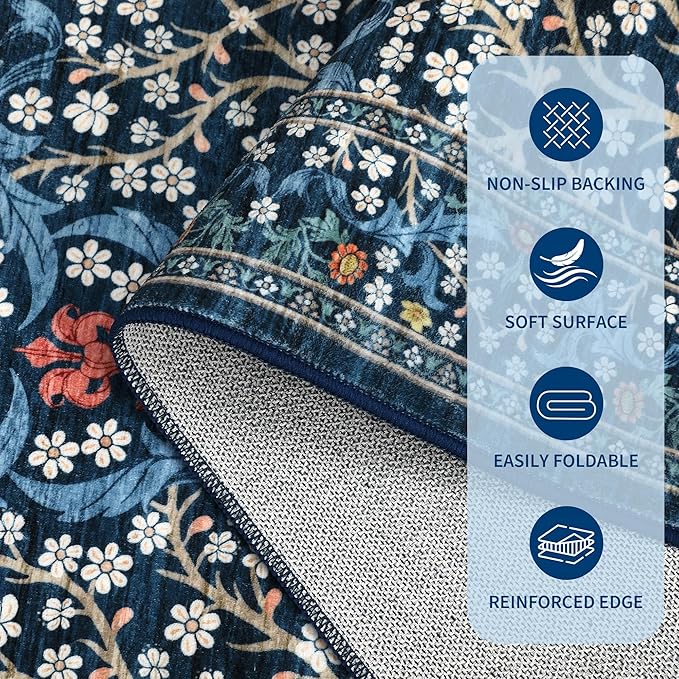GarveeHome Kitchen 2x6 Runner Rug, Floral Washable Rugs for Hallways Non Slip Stain Resistant, Boho Soft Rug Botanical Carpet for Entryway, Laundry Room, Bedroom Floor Mat, Dark Blue