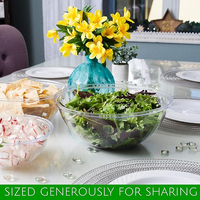 PLASTICPRO Disposable Round Crystal Clear Serving Bowls, Party Snack or Salad Bowl, Plastic Chip Dish, Candy Dish (4, 48 OUNCE)