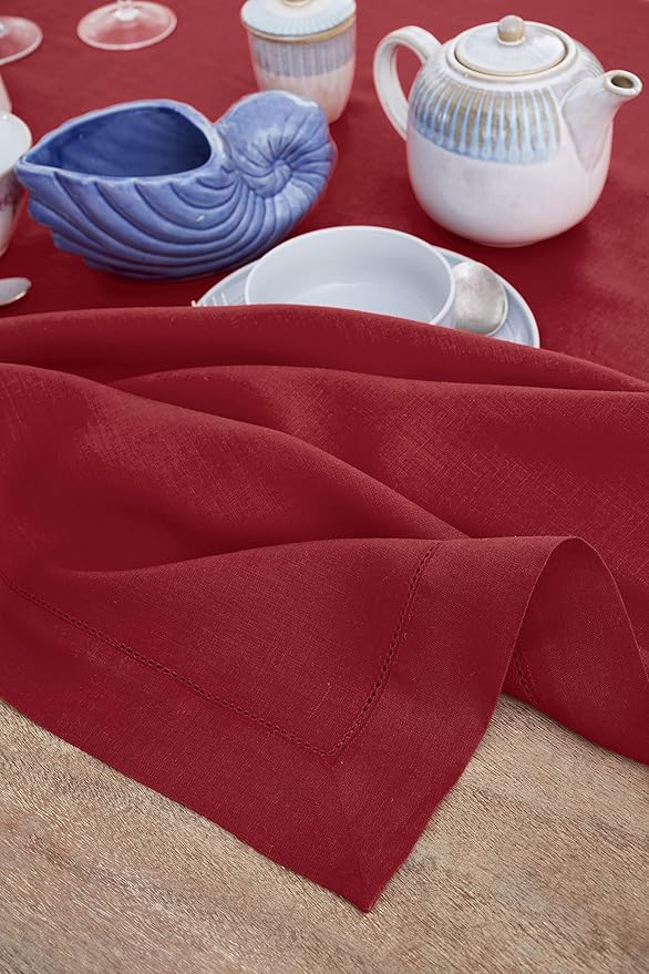 Solino Home Linen Red Tablecloth 60 x 90 Inch - Classic Hemstitch, 100% Pure Linen Rectangular Tablecloth - Machine Washable Table Cloth for Valentines, Winter