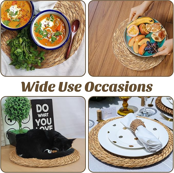 Kochorie Set of 36 Round Woven Placemats 12 Inch Bulrush Placemats Natural Handwoven Boho Rattan Wicker Table Mats for Farmhouse & Home Dining