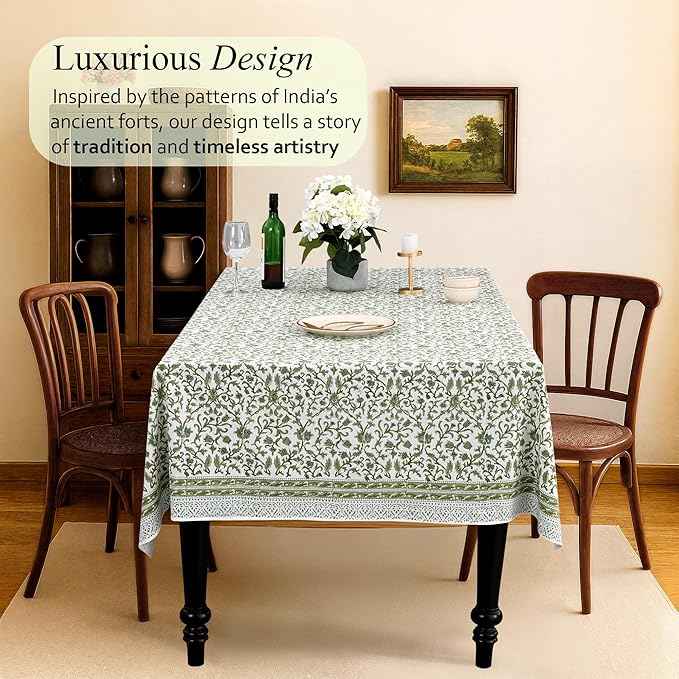 CPC Meadow Vine Tablecloth 100% Cotton 72x140 Inch Indian Block Print Rectangle Table Cover, Table Cloth for Gifting in Weddings, Halloween, Fall, Christmas, Thanksgiving