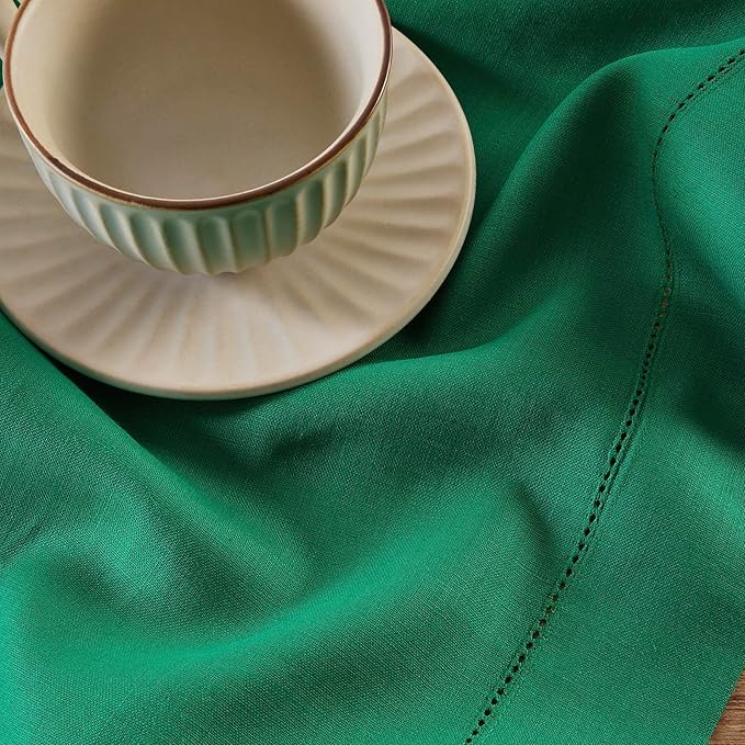 Solino Home Linen Tablecloth 60 x 108 Inch - Classic Hemstitch 100% Pure Linen Emerald Green Table Cloth for Rectangle Tables - Machine Washable Tablecloth for St Patricks Day