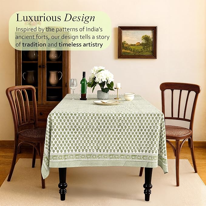 CPC Tablecloth 100% Cotton 72x190 Inch Indian Block Print Rectangle Table Cover, Green Table Cloth for Weddings, Spring, Easter, Valentines- Emerald Green