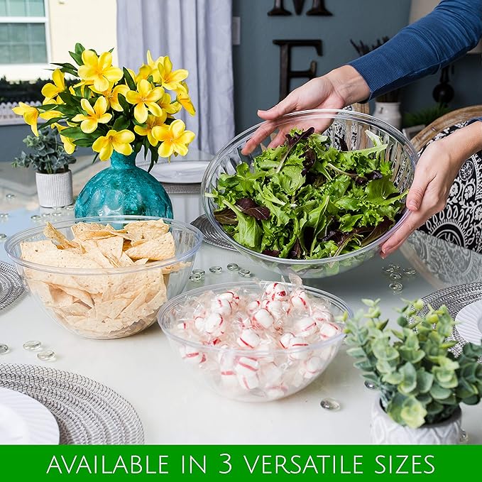 PLASTICPRO Disposable 48 Ounce Round Crystal Clear Plastic Serving Bowls, Party Snack or Salad Bowl, Chip Bowls, Snack Bowls, Candy Dish, Salad Container Pack of 8