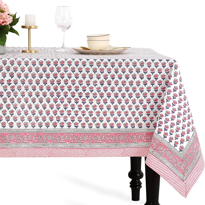 CPC Tablecloth 100% Cotton 70x108 Inch Indian Block Print Rectangle Table Cover, Pink Table Cloth for Weddings, Spring/Summer, Barbeque - Pink Sapphire