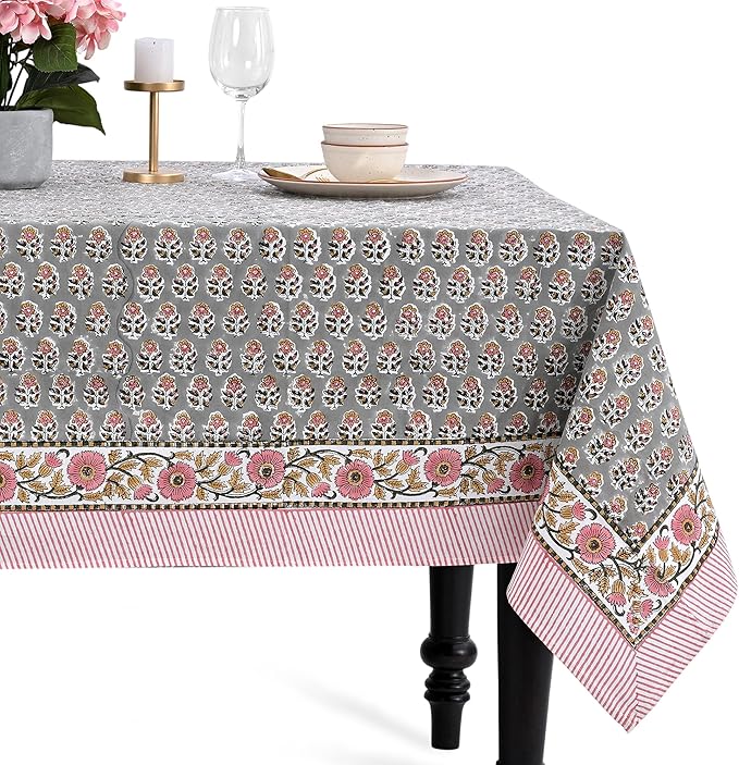 CPC Tablecloth 100% Cotton 72x190 Inch Indian Block Print Rectangle Table Cover, Gray Pink Table Cloth for Weddings, Spring/Summer, Barbeque - Labra Gray
