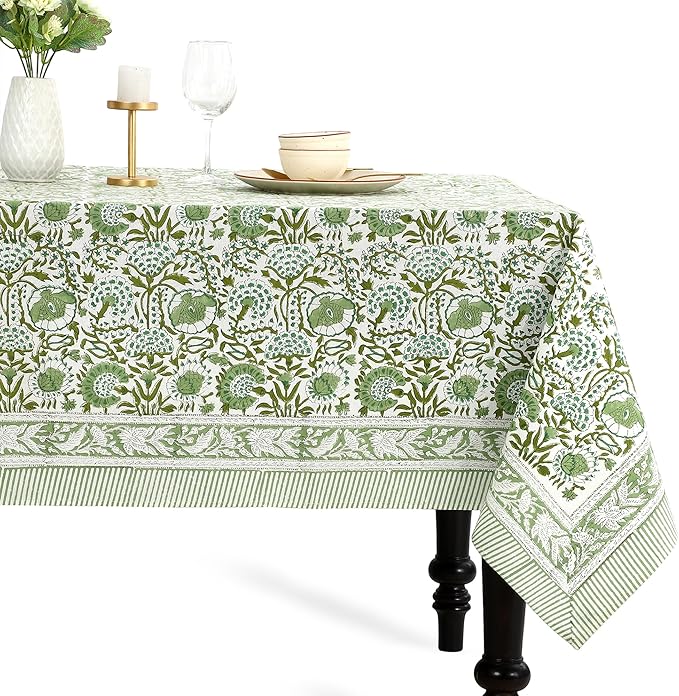 CPC Tablecloth 100% Cotton 70x118 Inch Indian Block Print Rectangle Table Cover, Table Cloth for Weddings, Spring/Summer, Barbeque -Agate Green
