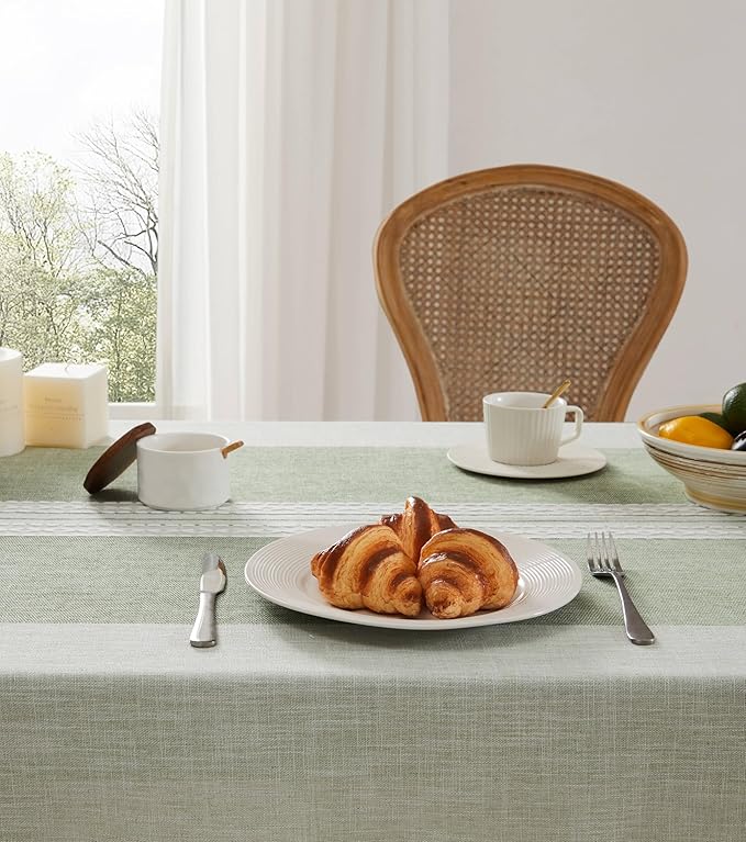 ZeeMart Contrast Linen Round Tablecloth 60 Inch Mid-Stripe Green, Farmhouse Style Round Table Cloth Heavy Weight Sage Green Tablecloths, Water Resistant Burlap Table Cloths