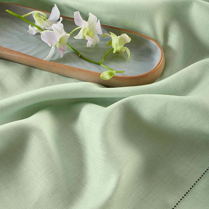 Solino Home Linen Tablecloth 52 x 52 Inch - 100% Pure Linen Light Green Square Tablecloth - Classic Hemstitch, Machine Washable Table Throw for Spring, Easter, St Patricks Day