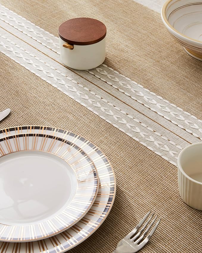 ZeeMart Contrast Linen Table Cloth Rectangle Table Cloths 52x70 Inch Mid-Stripe Brown, Farmhouse Style Heavy Weight Beige Tablecloth, Water Resistant Burlap Tablecloths