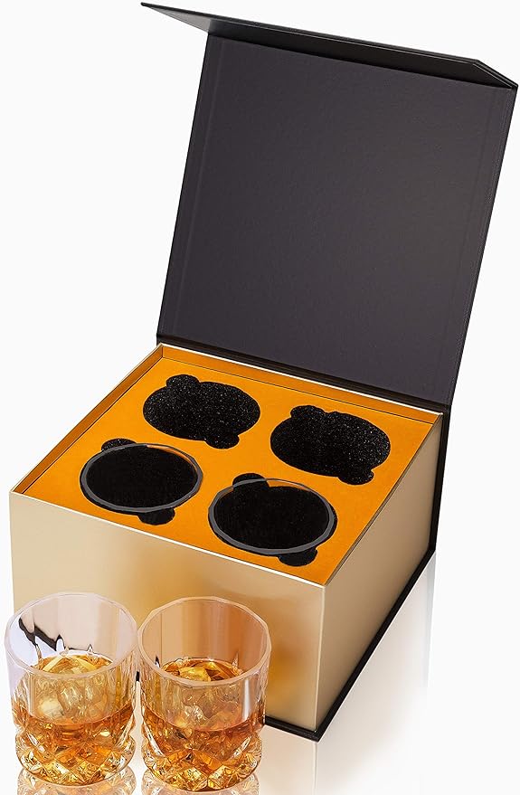 KANARS Old Fashioned Whiskey Glasses with Luxury Box - 10 Oz Rocks Barware For Scotch, Bourbon, Liquor and Cocktail Drinks - Set of 4 - Men Gift