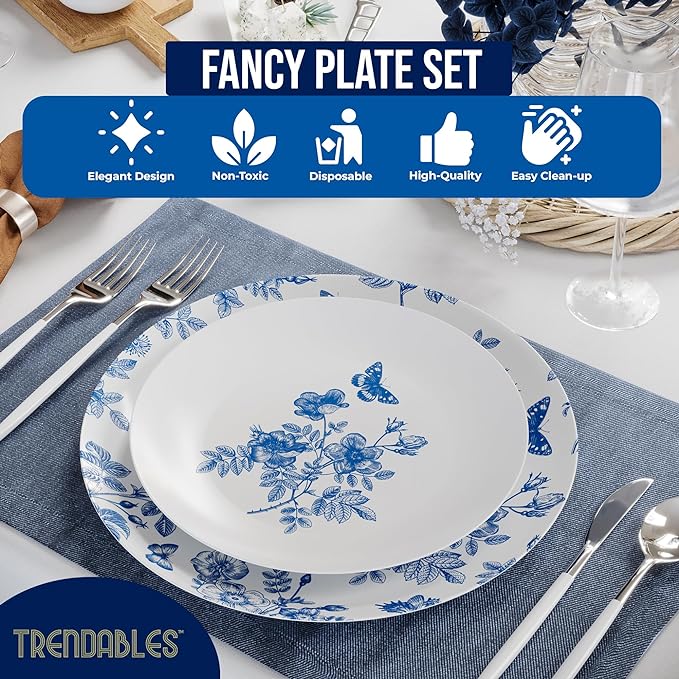 Trendables Disposable Plates For Party Supplies | Blue Floral Plastic Plates For Wedding 40 Pcs - 20 X 8 & 20 X 10 Dinner Plate Sets | Floral Plate Set Disposable Plastic Dinnerware Sets