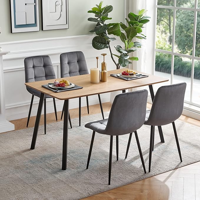 Dining Chair Set of 4,Modern Home Chair Upholstered Velvet Armless Chair,Elegant Velvet Kitchen Chair Plaid Tufted Pattern with Black Metal Legs for Vanity,Dining Room,Grey