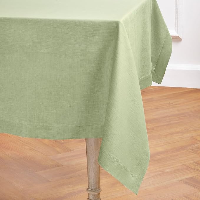 Solino Home Linen Tablecloth 60 x 90 Inch - 100% Pure Linen Chambray Olive Table Cloth for Rectangle Tables - Athena, Machine Washable Tablecloth for Spring, St Patricks Day