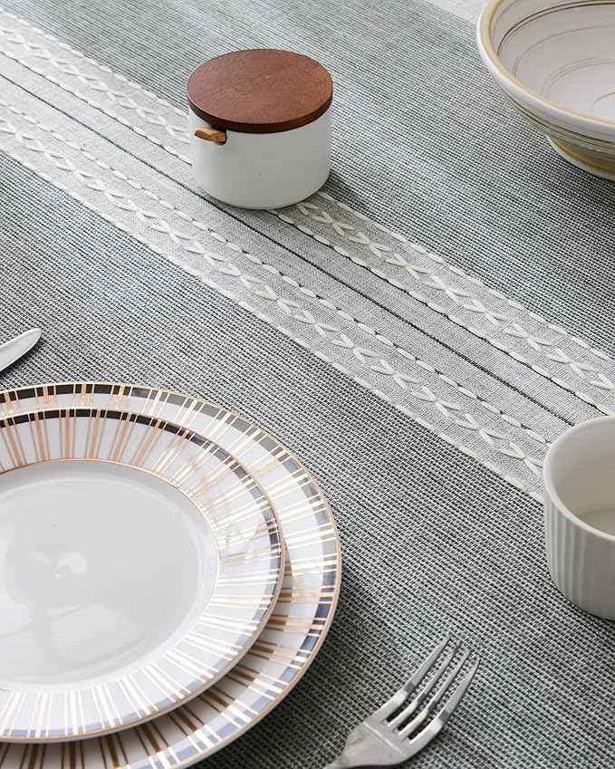 ZeeMart Contrast Linen Table Cloth Square Table Cloths 60x60 Inch Mid-Stripe Grey, Farmhouse Style Heavy Weight Grey Tablecloth, Water Resistant Burlap Tablecloths