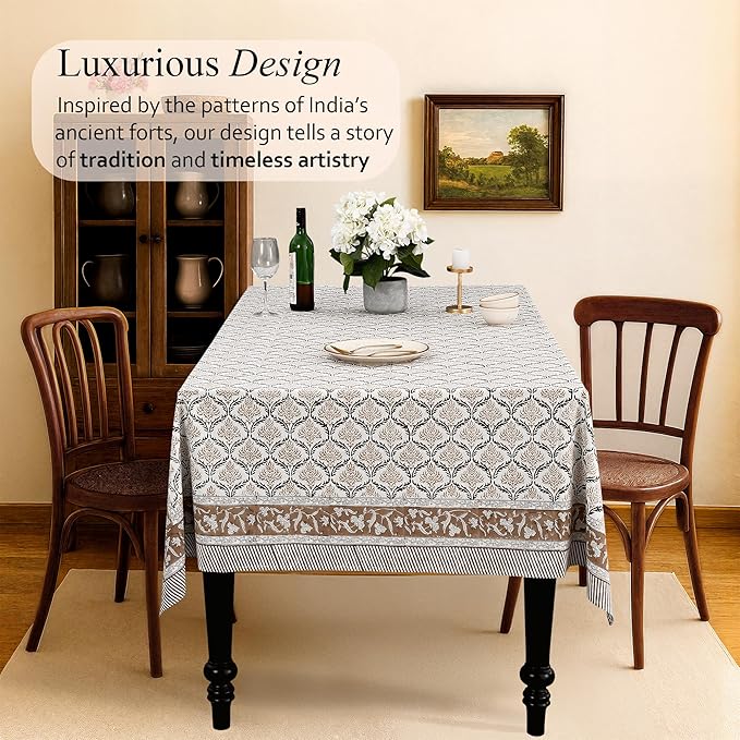 CPC Sandstone Regal Tablecloth 100% Cotton 70x118 Inch Indian Block Print Rectangle Table Cover, Table Cloth for Gifting in Weddings, Halloween, Fall, Christmas, Thanksgiving
