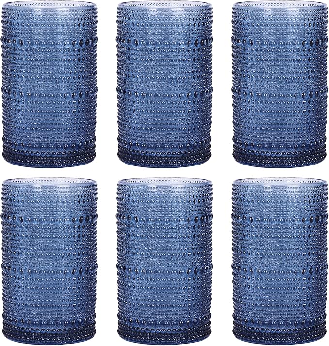 Moretoes Vintage Hobnail Drinking Glasses Set of 6,12 Oz Highball Glasses Clear Embossed Boho Water Glass Cups Kitchen Bar Tumbler Glassware Set for Whiskey, Beer, Juice, Milk (Blue)