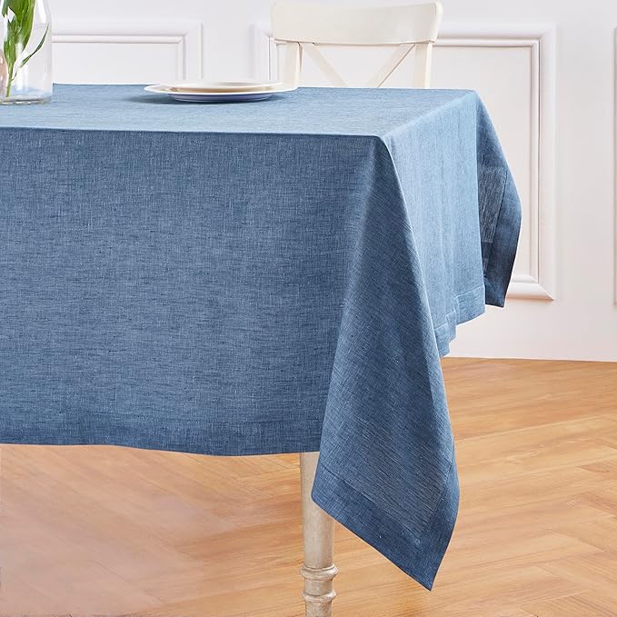Solino Home Linen Tablecloth 60 x 120 Inch - 100% Pure Linen Blue Denim Table Cloth for Rectangle Tables - Athena, Machine Washable Tablecloth for Spring, Easter