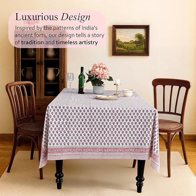CPC Cotton Tablecloth 80x120 Inch Rectangle Indian Block Print Tablecloth- Pink Washable Wedding Table Cover for Thanksgiving/Christmas- Pink Sapphire