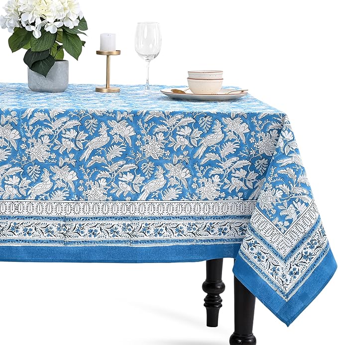 CPC Tablecloth 100% Cotton 70x108 Inch Indian Block Print Rectangle Table Cover, Washable Table Cloth for Weddings, Spring/Summer, Barbeque - Blue Sapphire