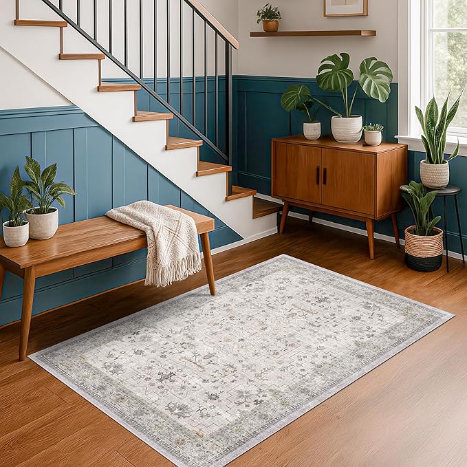 Boho 4x6 Living Room Rug - Light Grey Modern Vintage Eclectic Floral Pastel Neutral Taupe, Washable Low Pile Non-Slip Area Rugs for Kitchen, Mudroom, Bedroom Beside Bed, Office