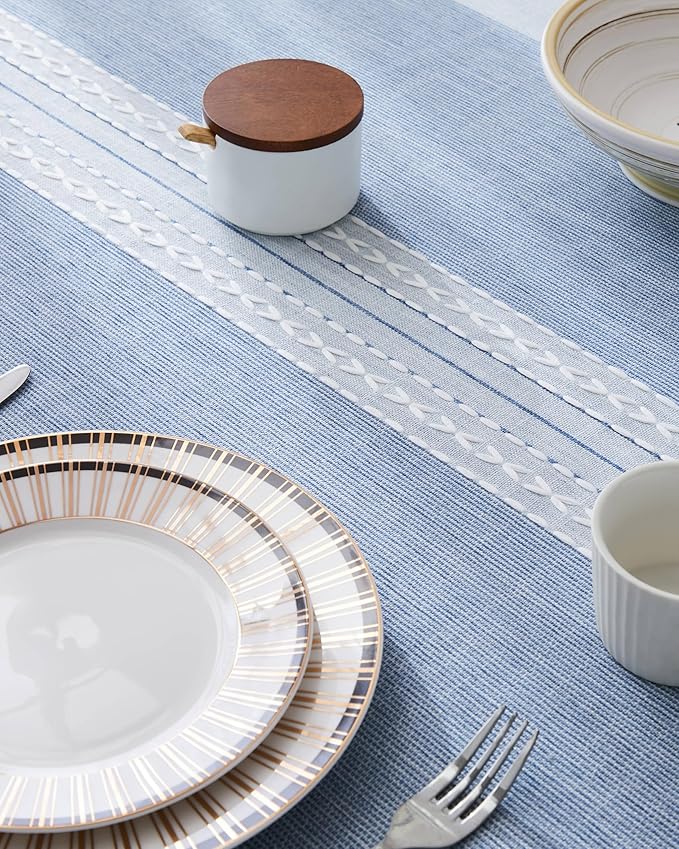 ZeeMart Contrast Linen Table Cloth Rectangle Table Cloths 60x84 Inch Mid-Stripe Blue, Farmhouse Style Heavy Weight Dusty Blue Tablecloth, Water Resistant Burlap Tablecloths