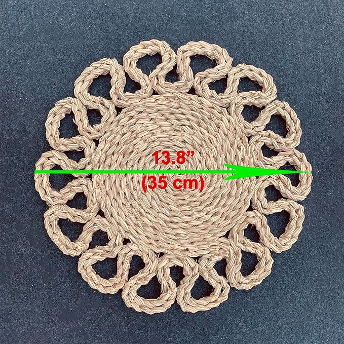 13.8" Set of 4 Round Seagrass Placemats | Boho Woven Rattan Table Mats | Farmhouse Wicker Spring Plate Chargers Like Water Hyacinth, Seagrass for Wedding, Party, Christmas, Events