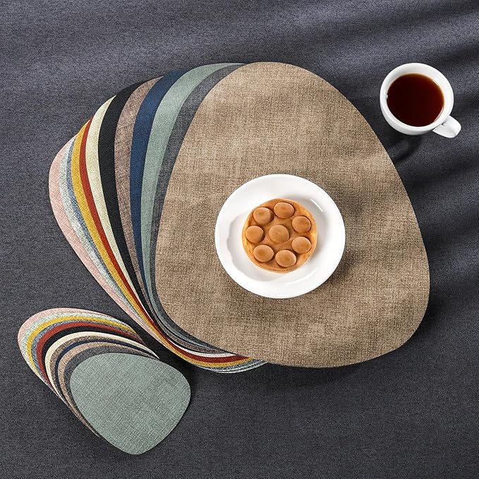 Placemats and Coasters, Washable Reversible Placemats Round Faux Leather Wipeable Place Mats Non Slip Heat Resistant Indoor Outdoor Table Mats (Set of 6, Gray)