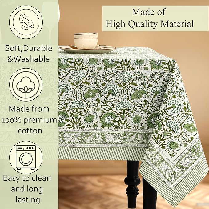 CPC Tablecloth 100% Cotton 72x190 Inch Indian Block Print Rectangle Table Cover, Green Table Cloth for Weddings, Spring/Summer, Barbeque - Agate Green