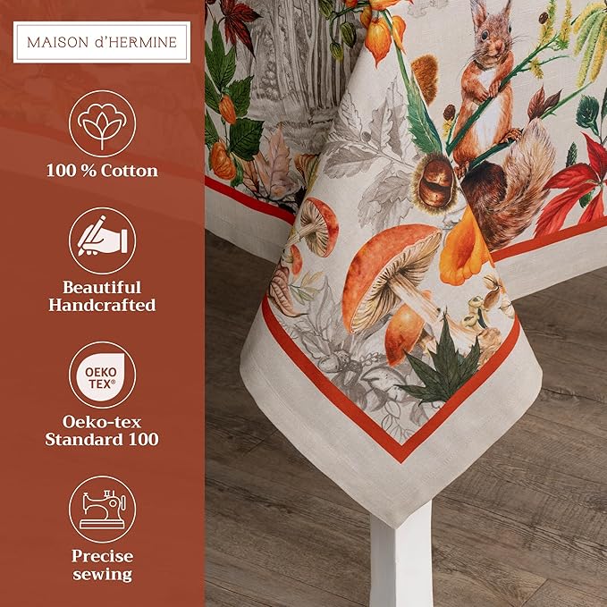 Maison d' Hermine Table Cloth Rectangle Table 100% Cotton 70 x 140 Inches Fall Tablecloth Reusable Everyday Use for Thanksgiving Christmas Decorations Dining Farmhouse Party (Recolte)