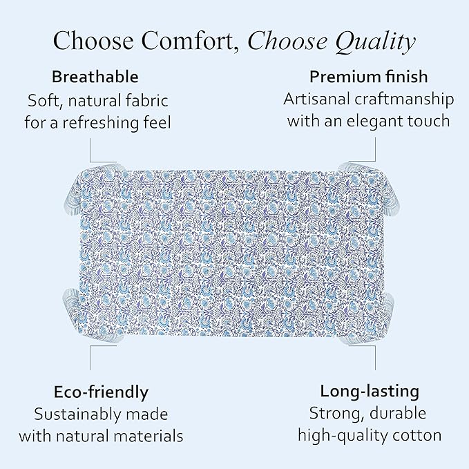 CPC Tablecloth 100% Cotton 70x118 Inch Indian Block Print Rectangle Table Cover, Table Cloth for Weddings, Spring/Summer, Barbeque - Indigo Blue