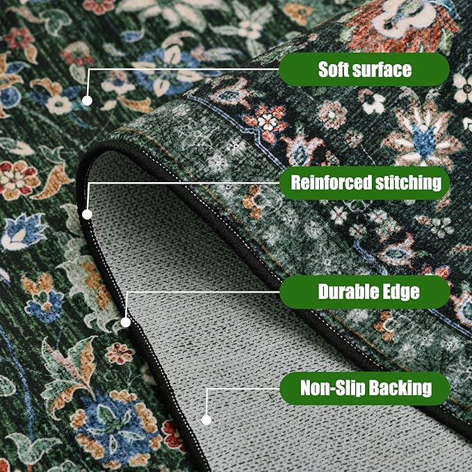 Runner Rugs 3x8 Boho Washable Area Rugs for Entryway Bathroom Kitchen, Long Rugs for Hallway Soft Low Pile Non-Slip Rubber Backing Oriental Dark Green