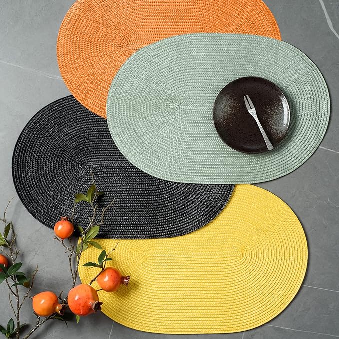 FunWheat Oval Braided Placemats Set of 4 Table Mats for Dining Tables Washable Heat Resistant Place Mats for Indoor Outdoor Use 12 x18 Inch(Oval Black, 4pcs)