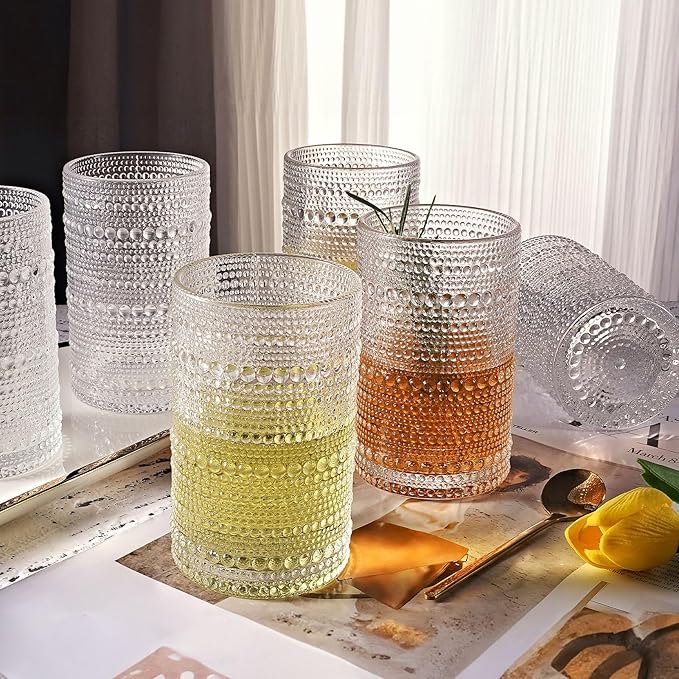 hobnail drinking glasses Highball Glasses Set of 6 12oZ Embossed Vintage Drinking Water Cocktail Whiskey Beverages Juice Milk Soda Gift for Men Women-Fathers Day Gift