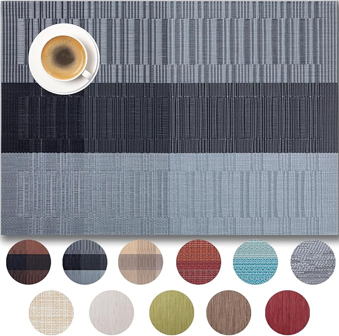 Placemats Set of 8 - Easy Clean Woven Vinyl Placemats for Dining Table, Indoor/Outdoor Place Mats, Washable PVC Table Mats （Silver Gray Black）