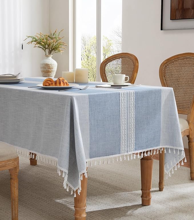 ZeeMart Contrast Linen Table Cloth Rectangle Table Cloths 60x120 Inch Mid-Stripe Blue, Farmhouse Style Heavy Weight Dusty Blue Tablecloth, Water Resistant Burlap Tablecloths