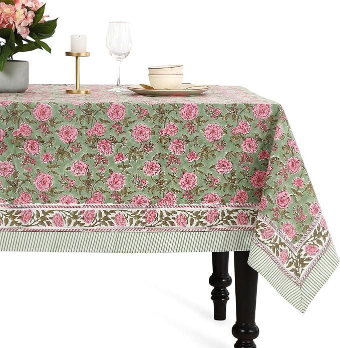 CPC Tablecloth 100% Cotton 60x60 Inch Indian Block Print Square Table Cover, Table Cloth for Weddings, Spring/Summer, Barbeque - Pink Tourmaline