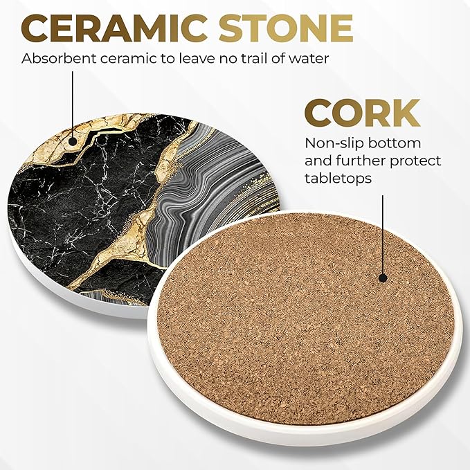 Luxury Black & Gold Marble Ceramic Coasters - Set of 4 with Black Metal Holder - Premium Round Drink Coasters for Coffee, Tea, Whiskey, Wine - Stylish Home & Kitchen Decor