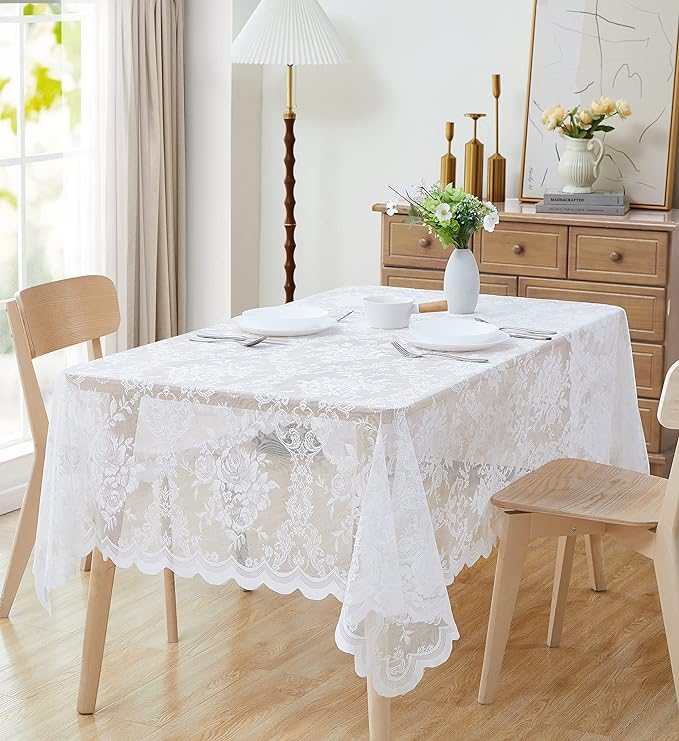 Warm Home Designs 60 x 104 Lace Tablecloth. White Rectangle Tablecloth with English Rose Design. Dining Table Cover for 8-10 Guests. (LTC White 104)