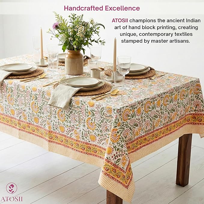ATOSII Clover Yellow 100% Cotton Square Fall Tablecloth, Handblock Floral Print Linen Table Cloth for Kitchen Dining I Parties, Weddings, Outdoors, Christmas, Thanksgiving Fall Decor 60 X 60 Inches
