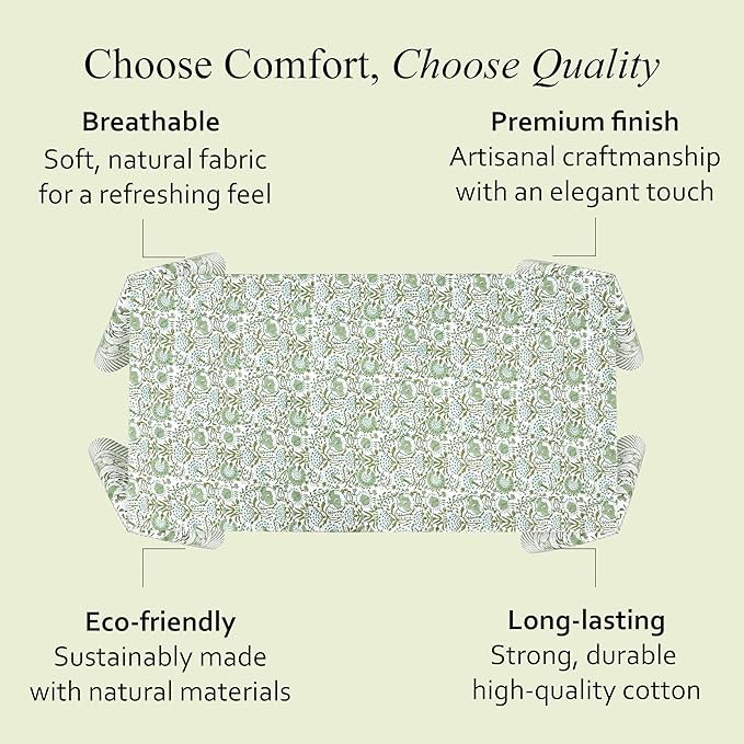 CPC Tablecloth 100% Cotton 70x118 Inch Indian Block Print Rectangle Table Cover, Table Cloth for Weddings, Spring/Summer, Barbeque -Agate Green