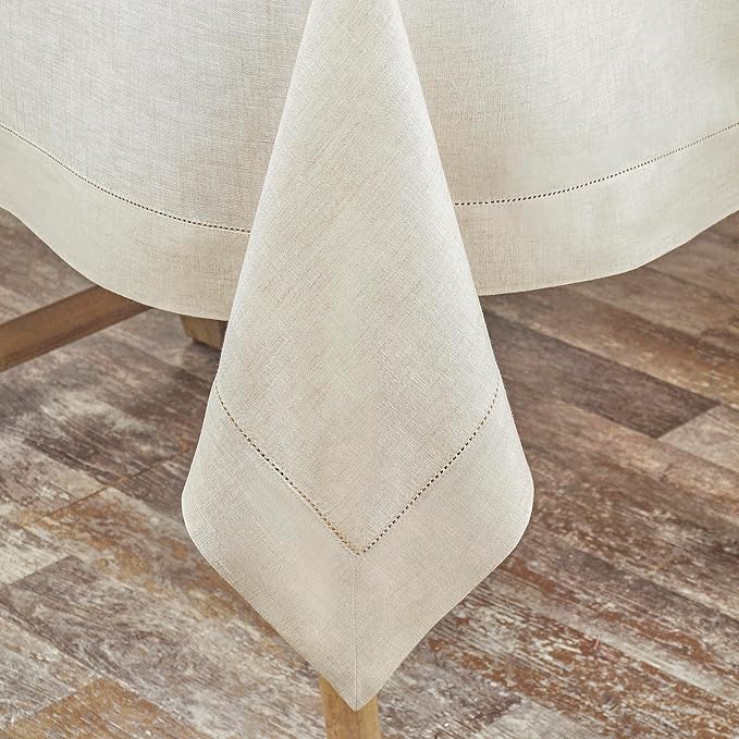 D'Moksha Homes Light Natural Linen Tablecloth 60 x 108 Inch - 100% Pure Linen Natural Table Cloth for Rectangle Tables - Classic Hemstitch, Machine Washable Tablecloth for Valentines, Spring, Easter
