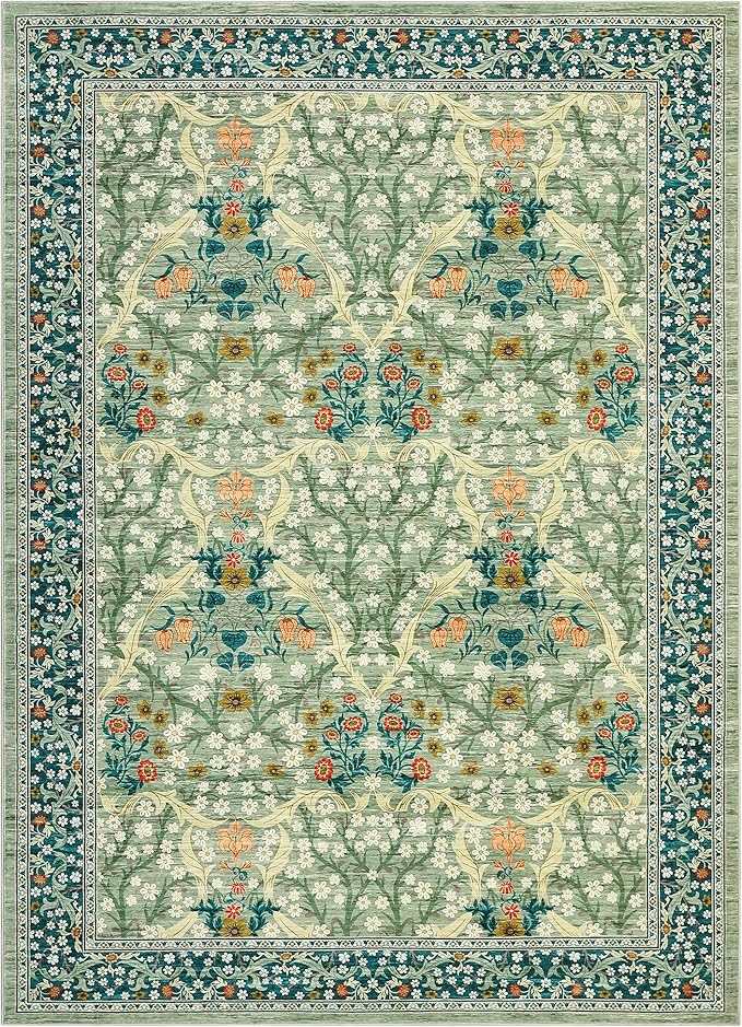 GarveeHome 6x9 Washable Area Rug for Living Room, Floral Dining Room Rugs for Under Table, Low Pile Non-Slip Stain Resistance Floor Carpet for Bedroom, Sage Green