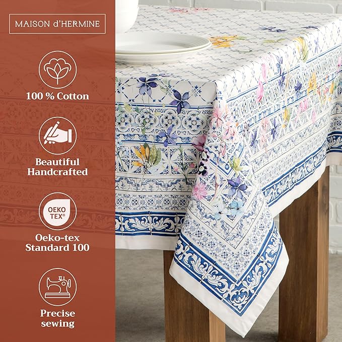 Maison d' Hermine Table Cloth Rectangle Table 100% Cotton 60 x 90 Inches Tablecloth Reusable Decorative for Dining Room Farmhouse Home Valentines Day Decorations Spring Summer - Faience