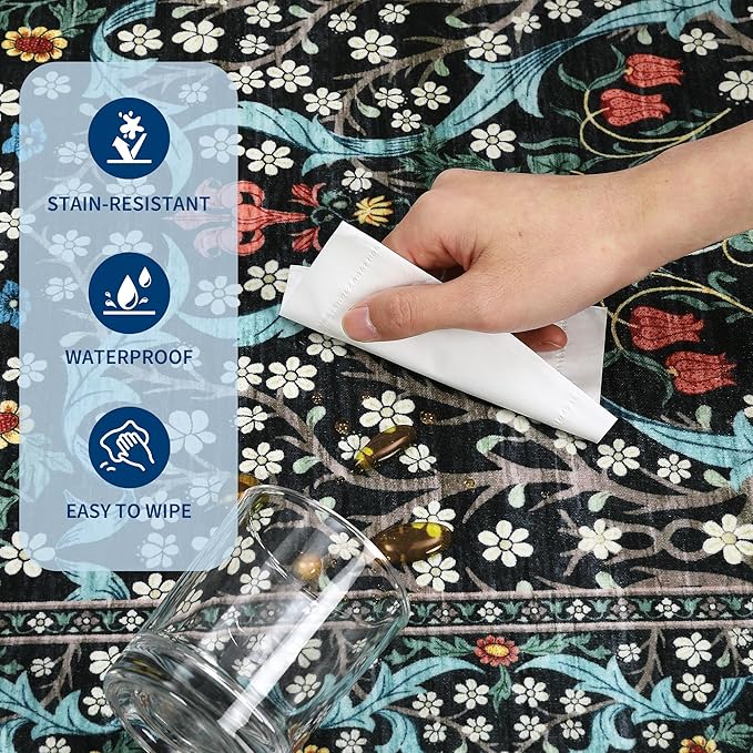 GarveeHome 8x10 Area Rugs, Washable Rugs for Living Room Non Slip Stain Resistant Ultra Soft Floral Rug, Boho Carpet Floor Mat for Bedroom Dining Room Nursery Playroom Office, Black