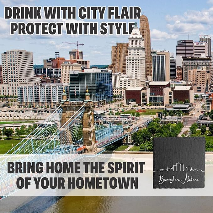 Blue Ridge Mountain Gifts - Birmingham AL Skyline Coasters, Set of 4 - Birmingham Alabama Souvenir, Slate Coasters with Minimalist Skyline, Housewarming Gift for Friends, Family, & Neighbors