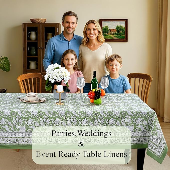 CPC Tablecloth 100% Cotton 60x60 Inch Indian Block Print Square Table Cover, Table Cloth for Weddings, Spring/Summer, Barbeque - Olive Green